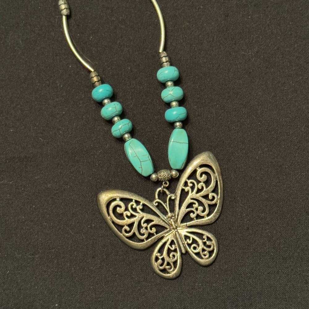 Vintage Fashion Butterfly Necklace Turquoise Silver tones